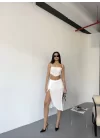 Çepli Şortlu Yırtmaçlı Etek - Beyaz