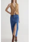Çift yırtmaçlı jean etek s140