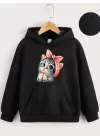 Çocuk Unisex Kapüşonlu Tatlı Kedi Baskılı Sweatshirt - Siyah
