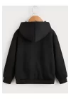 Çocuk Unisex Kapüşonlu Tatlı Kedi Baskılı Sweatshirt - Siyah