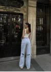 Kadın Arkadan Yırtmaçlı Jeans Kot Palazzo Pantolon - Mavi