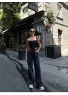Kadın  Arkadan Yırtmaçlı Jeans Kot Palazzo Pantolon - Siyah