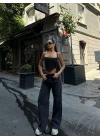 Kadın  Arkadan Yırtmaçlı Jeans Kot Palazzo Pantolon - Siyah