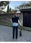 Kadın Jeans Kot Parçalı Palazzo Pantolon - Siyah