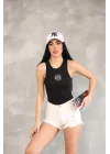 Kadın Kolsuz Nakışlı Badi bluz - Siyah