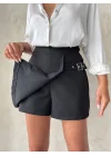 Kadın tokalı şort etek siyah s25449