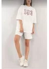 Kadın Unisex Nakış İşlemeli Şort Takım - Beyaz