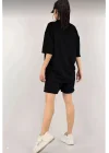 Kadın Unisex Nakış İşlemeli Şort Takım - Siyah