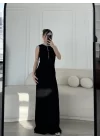 Kalın Fitilli Uzun Triko Elbise - Siyah