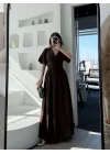 Kısa Kollu Uzun Elbise - Kahve