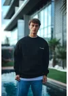 Kışlık Bisiklet Yaka Oversize Baskılı SweatShirt - Siyah