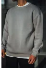 Kışlık Bisiklet Yaka Üç İplik Basic SweatShirt - Boyalı Gri