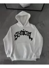 Kışlık Kapüşonlu Baskılı Oversize SweatShirt- Beyaz