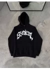 Kışlık Kapüşonlu Baskılı Oversize SweatShirt- Siyah