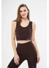 Kolsuz Sporcu Baskılı Crop - Kahve