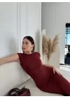 Kolsuz Uzun Likralı Elbise - Bordo