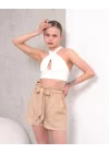 Kuşaklı keten şort bej s255265