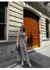 Leopar Desenli Fermuarlı Cepli Pileli Kadın Midi Elbise- Leopar