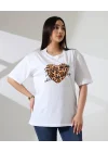 Leopar kalp baskılı tişört