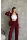 Osy Modal Yumuşak Dokulu Kumaş Kapüşonlu Leopar Desenli Fermuarlı Takım - Bordo