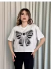 Oversize Beyaz baskılı crop tişört