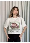 Oversize Beyaz baskılı crop tişört