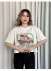 Oversize Beyaz baskılı crop tişört