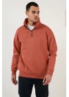 Oversize Yarım Farmuarlı Yakalı Özel Tasarım Basic SweatShirt - Beyaz