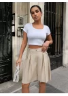 Pileli keten şort S24291