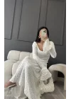 Sırt Dekolteli Çan Kollu Gibeli Uzun Elbise - Beyaz
