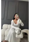 Sırt Dekolteli Çan Kollu Gibeli Uzun Elbise - Beyaz