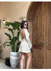 Sırt Pencereli Mini Triko Elbise - Beyaz