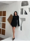 Sırt Pencereli Mini Triko Elbise - Siyah