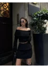 Straplez , Madonna , Carmen Yaka Croplu Mini Etekli ikili Takım Triko - Siyah