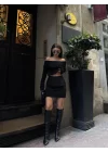 Straplez , Madonna , Carmen Yaka Croplu Mini Etekli ikili Takım Triko - Siyah