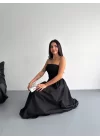 Straplez Pileli Elbise - Siyah