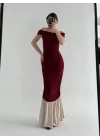 Striptiz Omuzlu Uzun Elbise- Bordo
