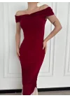 Striptiz Omuzlu Uzun Elbise- Bordo