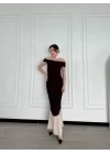 Striptiz Omuzlu Uzun Elbise- Kahve