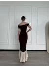 Striptiz Omuzlu Uzun Elbise- Kahve