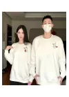 Tavşan Baskılı Sevgili Çift Kombini Kapüşonlu Sweatshirt & Hodie - Beyaz