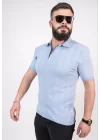Triko Dokuma Yarım Fermuarlı Yakalı T-shirt - Açık mavi