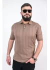 Triko Dokuma Yarım Fermuarlı Yakalı T-shirt - kahverengi
