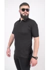 Triko Dokuma Yarım Fermuarlı Yakalı T-shirt - Siyah