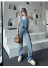 Triko Kolsuz Düğmeli Yelek - Mavi