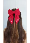 TÜRK Bayrağı ve Atatürk imza Motifli Fiyonk Toka - Kırmızı