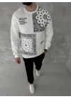 Üç İplik Desenli Bisiklet Yaka Oversize SweatShirt - Beyaz