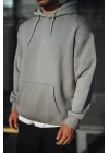 Üç İplik Penye Kapşonlu Basic SweatShirt - Boyalı Gri