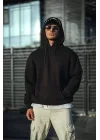 Üç İplik Penye Kapşonlu Basic SweatShirt - Siyah