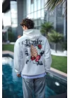 Üç İplik Penye Kapşonlu Baskılı SweatShirt - Beyaz